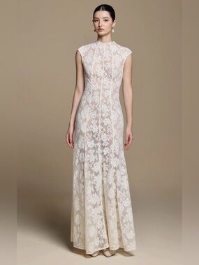Ivory Floral Lace Wedding Dress with High Neck